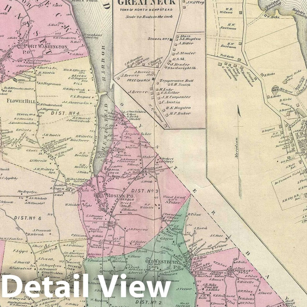 Historic Map : North Hempstead, Great Neck, and Roslyn, Long Island, New York, Beers, 1873, Vintage Wall Art