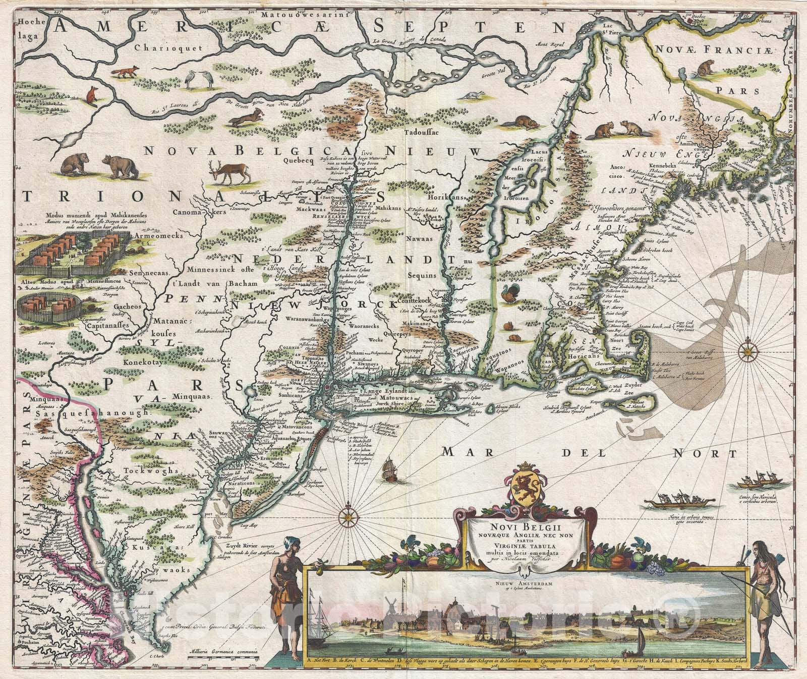 Historic Map : New York, Virginia, and New England "Novi Belgii", Visscher, 1684, Vintage Wall Art