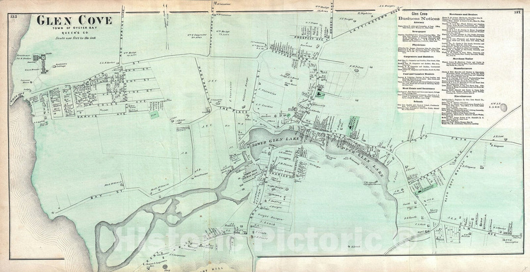 Historic Map : Glen Cove, Queens, New York City, Beers, 1873, Vintage Wall Art