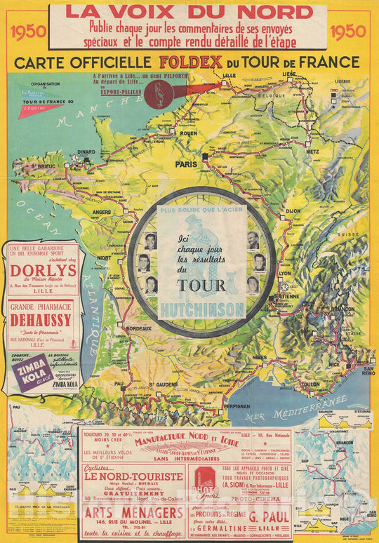 Historic Map : Official Route of The Tour de France Cycling Race, Foldex, 1950, Vintage Wall Art