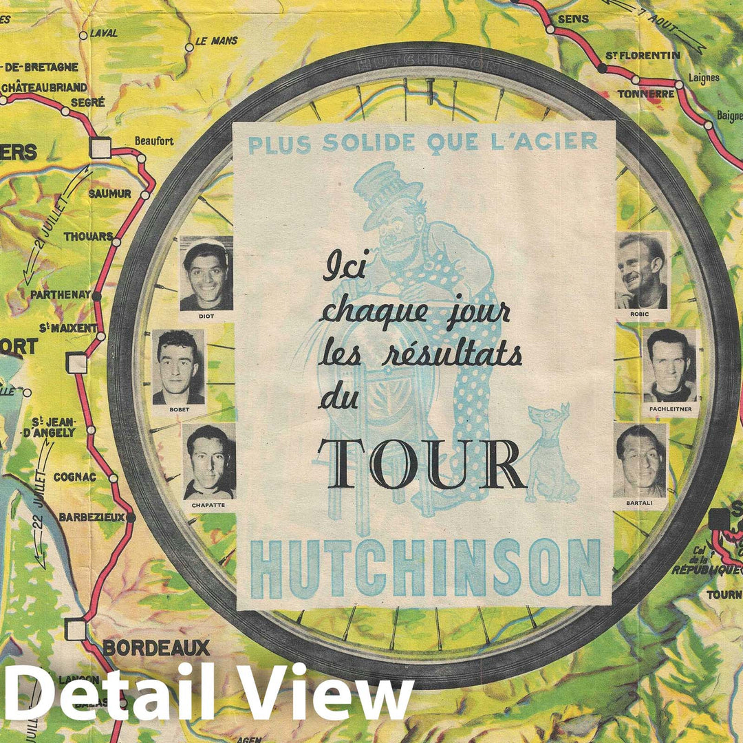 Historic Map : Official Route of The Tour de France Cycling Race, Foldex, 1950, Vintage Wall Art