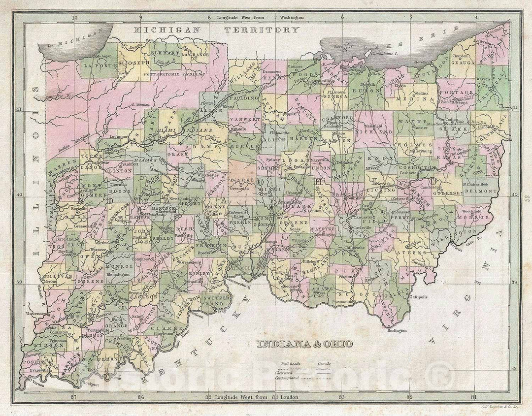 Historic Map : Indiana and Ohio, BraArtd, 1835, Vintage Wall Art