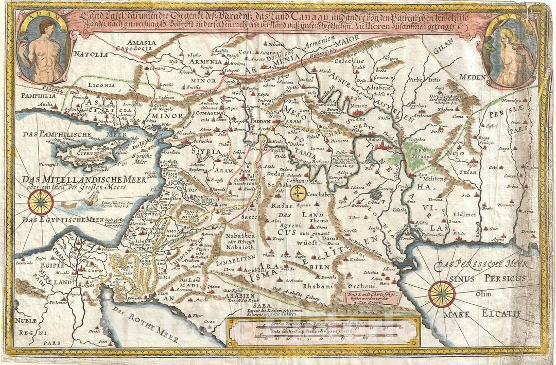 Historic Map : Holyland, Persia, etc with Adam and Eve, Bockler, 1670, Vintage Wall Art