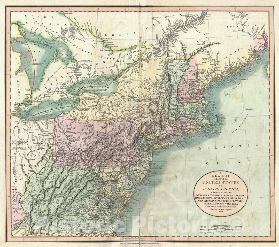 Historic Map : New England, New York, Pennsylvania, New Jersey and Virginia, Cary, 1806, Vintage Wall Art