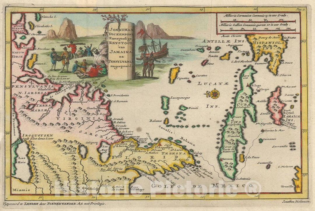 Historic Map : Florida, Carolina, Virginia and Cuba, Jonathan Dickinson, 1707, Vintage Wall Art