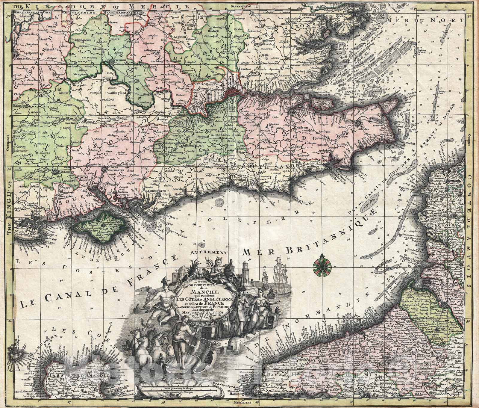 Historic Map : Southeast England, The English Channel, London, and Normandy, Seutter, 1730, Vintage Wall Art