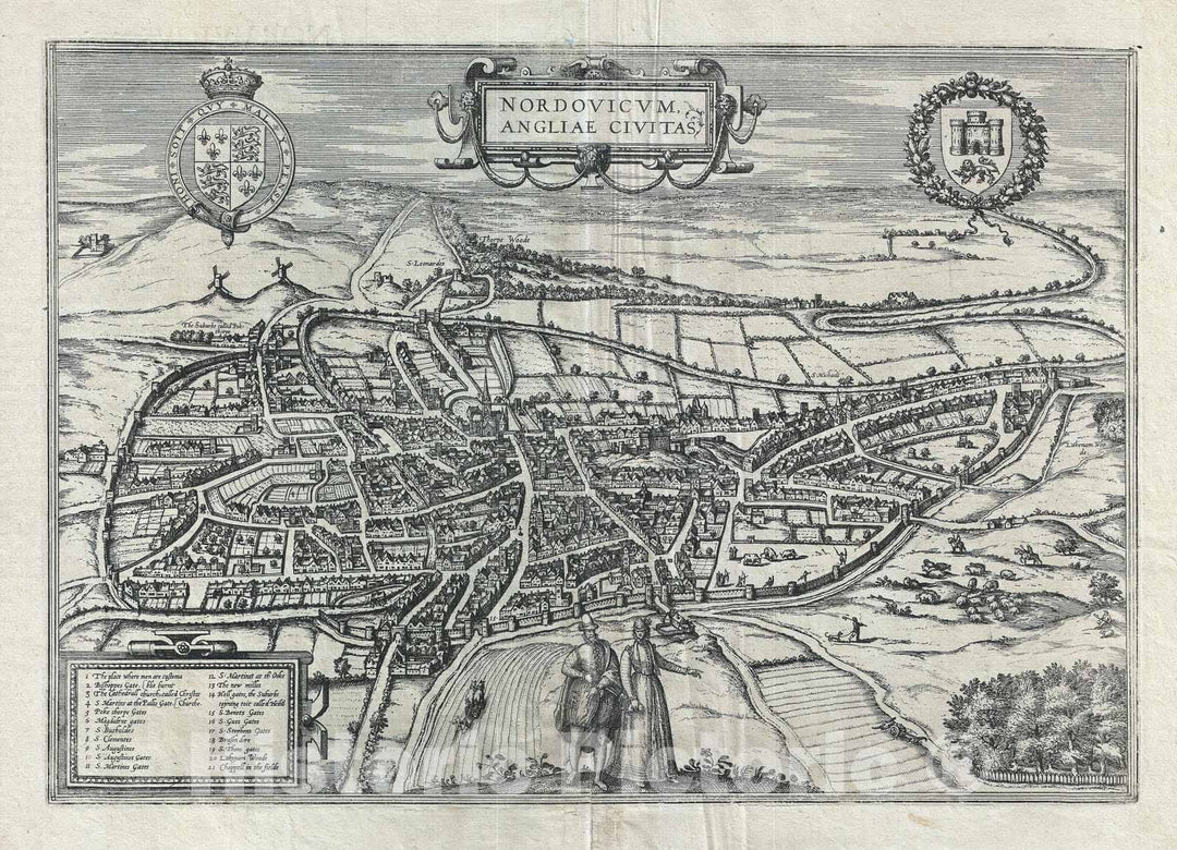 Historic Map : View Norwich, England, Braun and Hogenberg, 1581, Vintage Wall Art