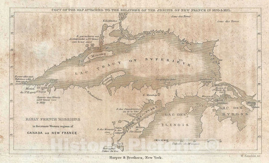 Historic Map : French Missions around Lake Superior and Lake Michigan, Kemble, 1846, Vintage Wall Art