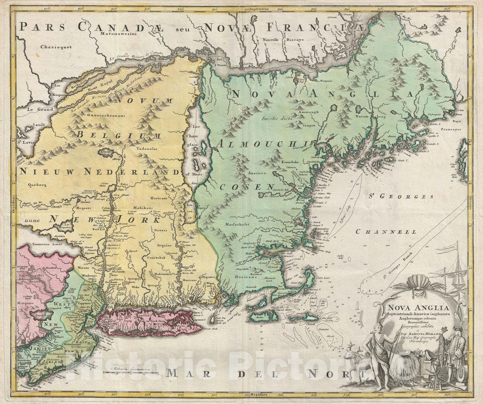 Historic Map : New York and New England, Homann, 1716, Vintage Wall Art