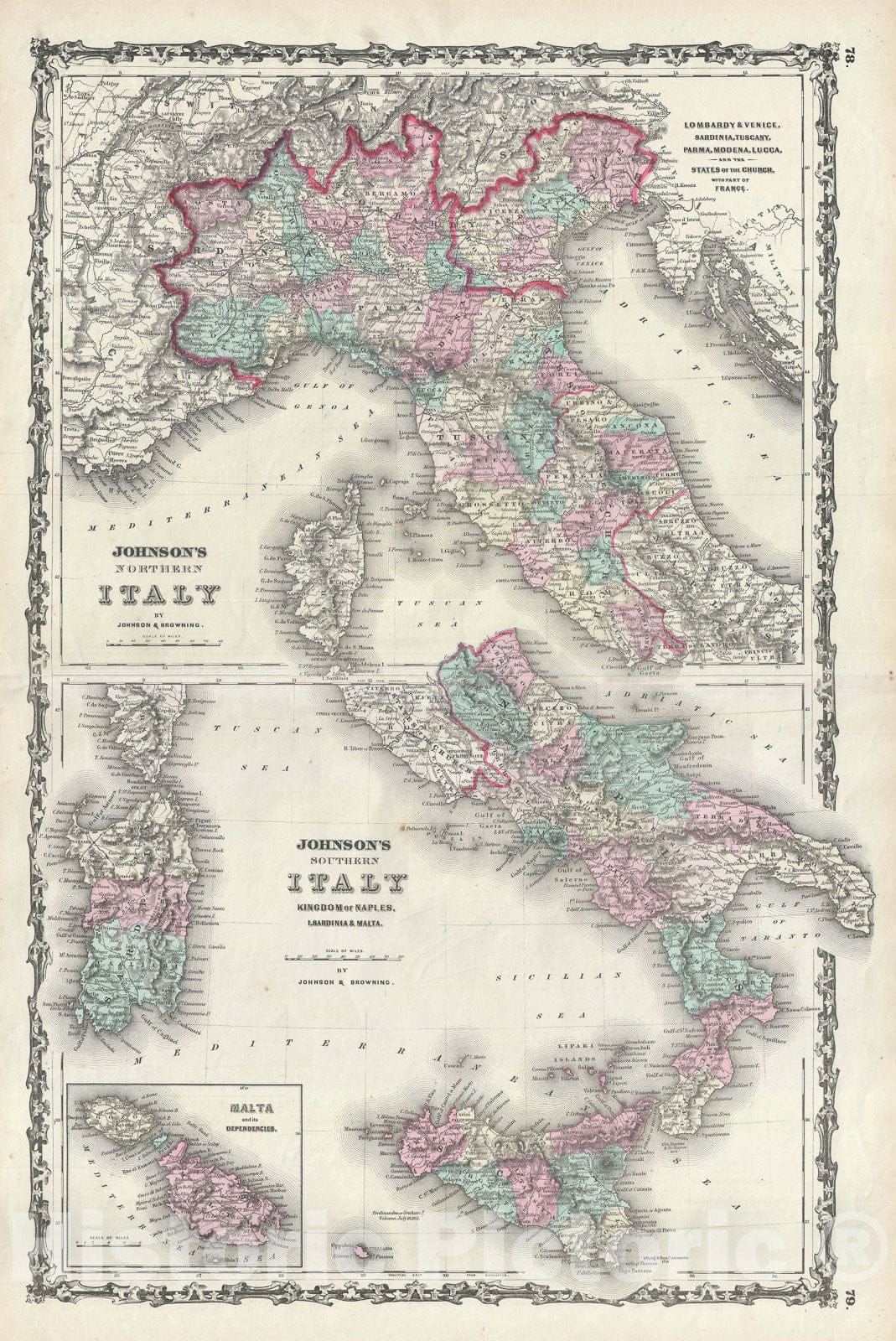 Historic Map : Italy, Naples and Sicily, Johnson, 1861, Vintage Wall Art