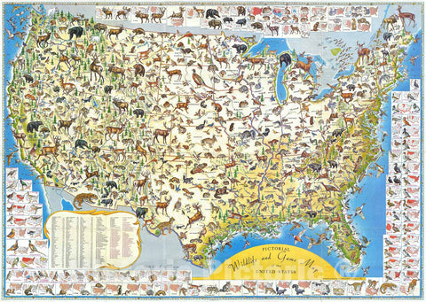 Historic Map : Moss Pictorial Map of Wildlife and Game in The United States, 1956, Vintage Wall Art