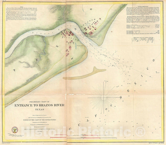 Historic Map : The Brazos River Entrance, Texas "Freeport, Quintana, Velasco", U.S. Coast Survey, 1858, Vintage Wall Art