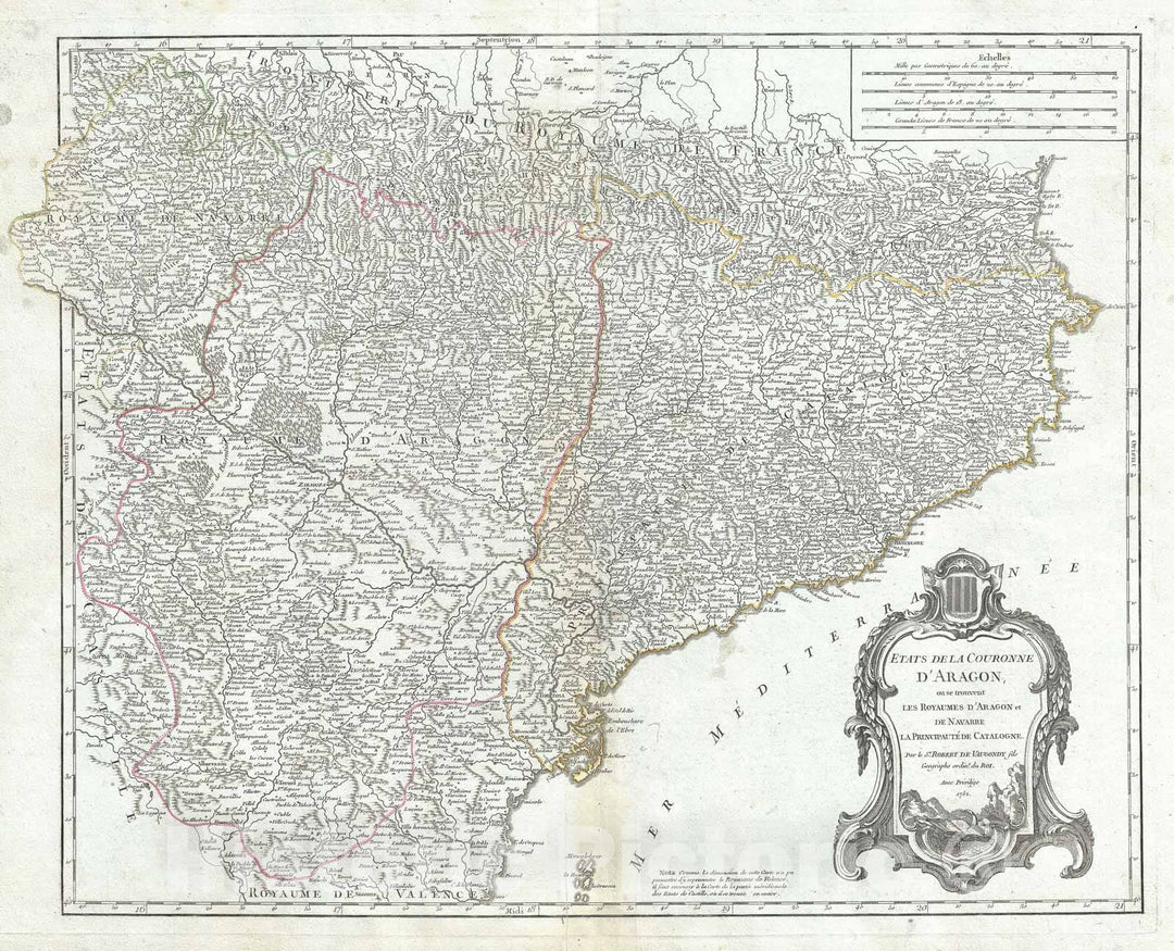 Historic Map : Northeast Spain "Catalonia, Aragon, Navarre", Vaugondy, 1752, Vintage Wall Art