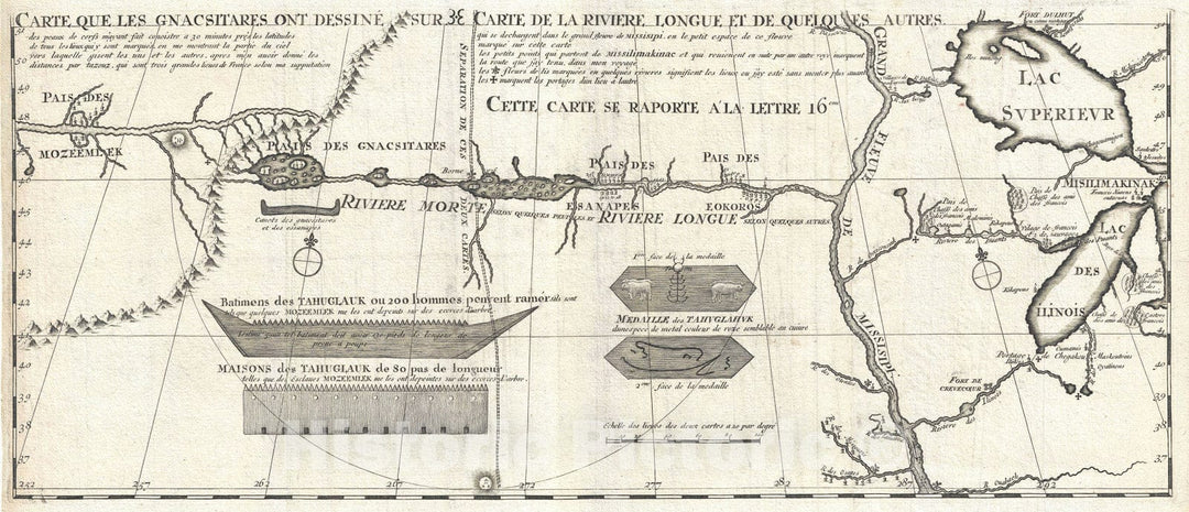 Historic Map : The Great Lakes, Mississippi River, and Riviere Longue "first edition", Lahontan, 1703, Vintage Wall Art