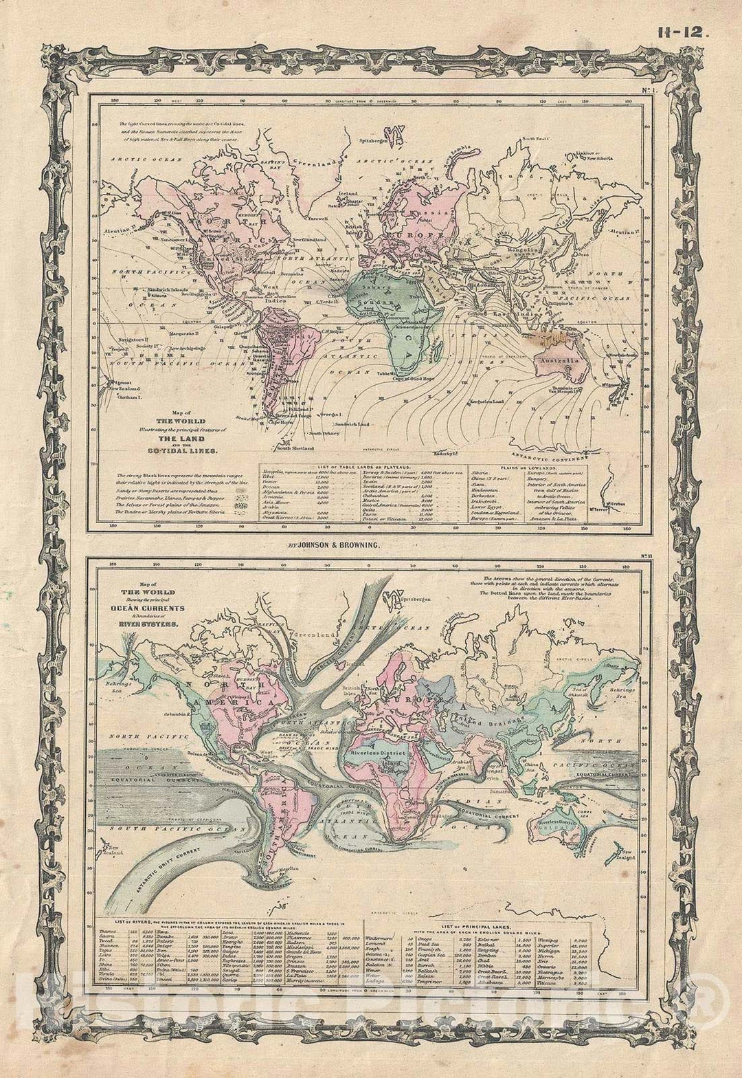 Historic Map : The World w/ Tides and Ocean Currents, Johnson Climate, 1861, Vintage Wall Art