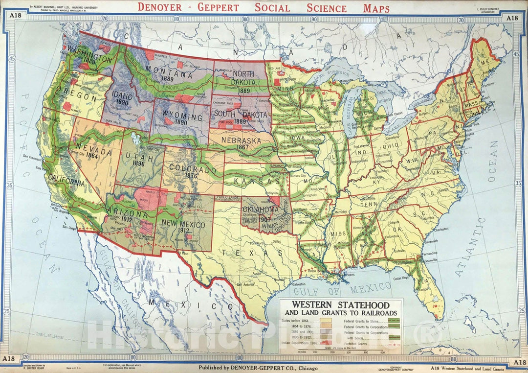 Historic Map : Statehood in The Western U.S., Denoyer-Geppert, 1940, Vintage Wall Art