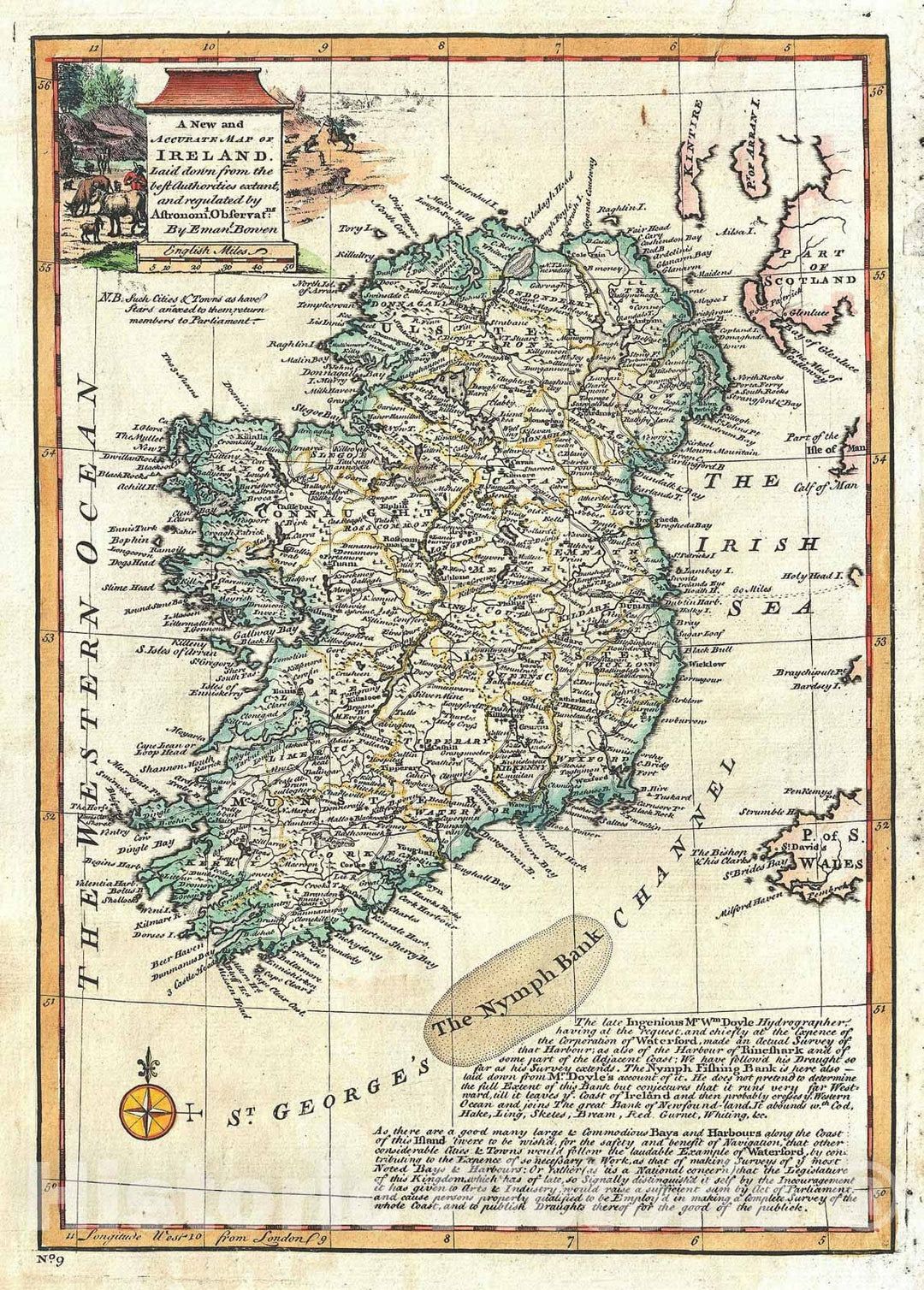 Historic Map : Ireland, Bowen, 1747, Vintage Wall Art