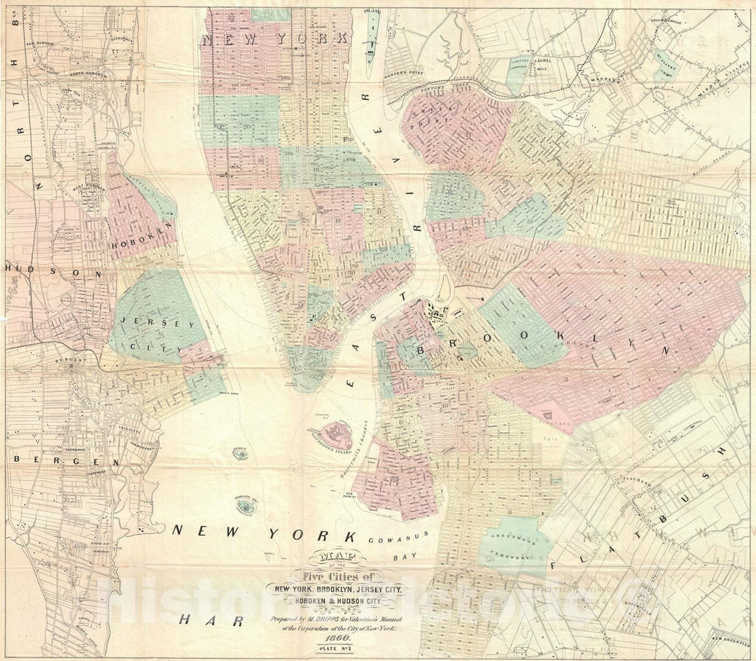 Historic Map : New York City and Environs, Valentine, 1860, Vintage Wall Art