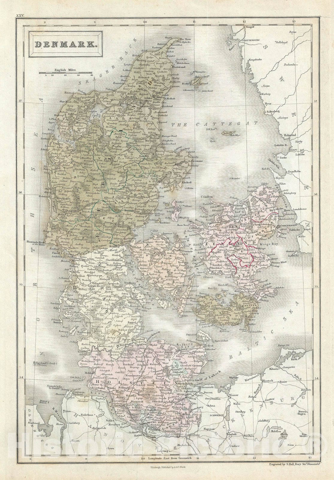 Historic Map : Denmark, Black, 1851, Vintage Wall Art