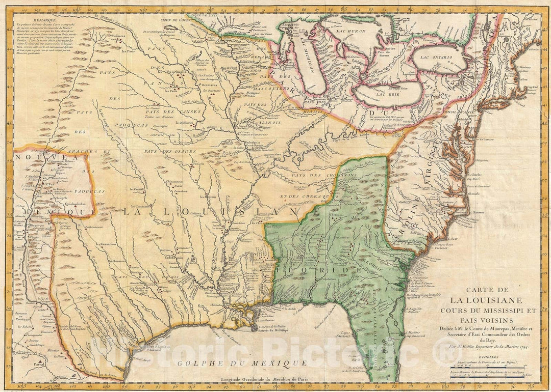 Historic Map : North America "w/ Louisiana, Florida, and New England", Bellin, 1744, Vintage Wall Art