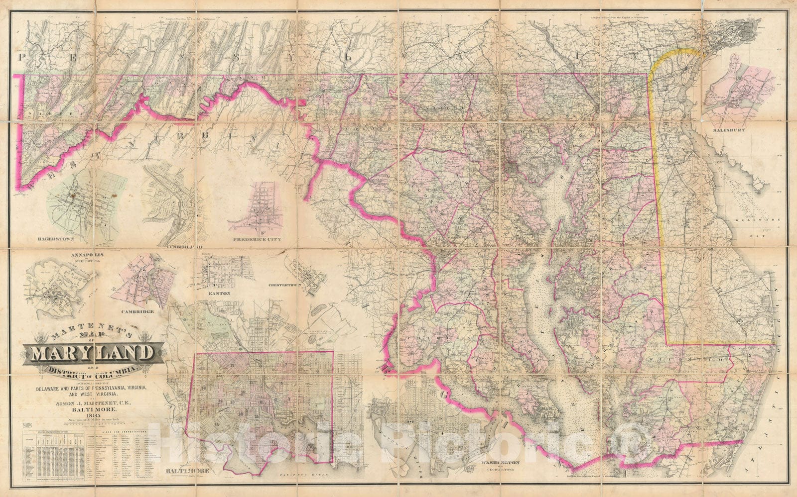 Historic Map : Maryland, Delaware, and Washington D.C., Martenet, 1885, Vintage Wall Art