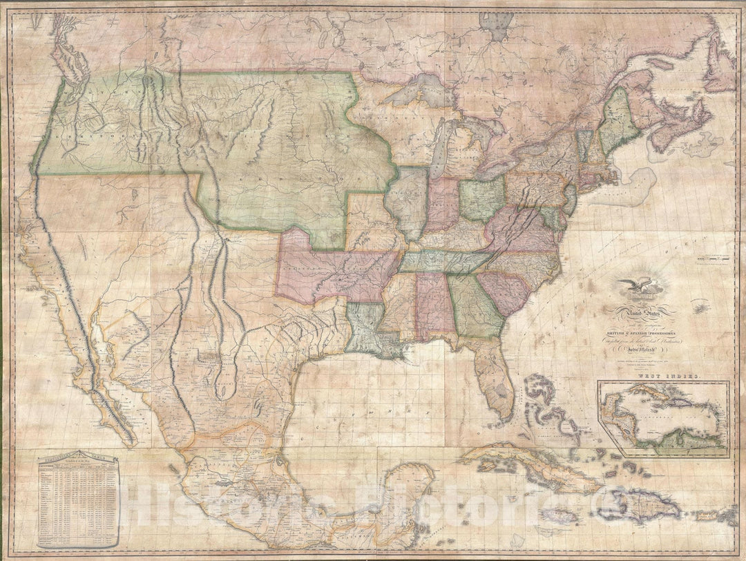 Historic Map : The United States, Melish, 1822, Vintage Wall Art