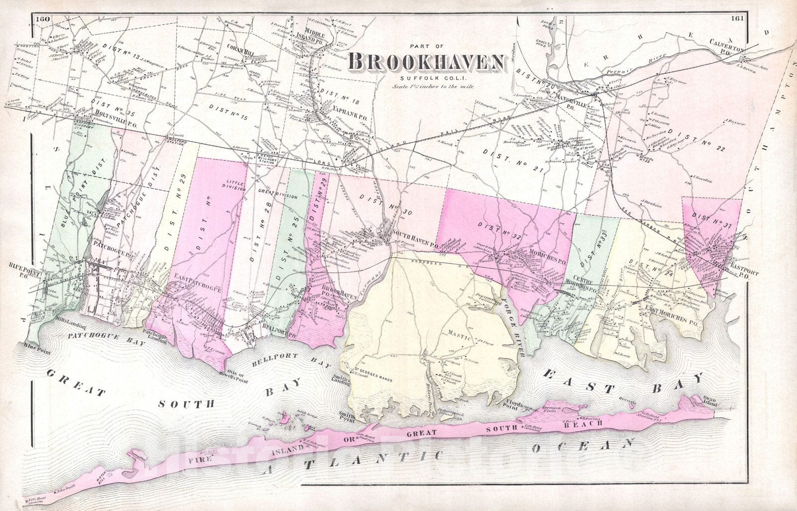 Historic Map : Brookhaven and Fire Island, Long Island, NY, Beers, 1873, Vintage Wall Art