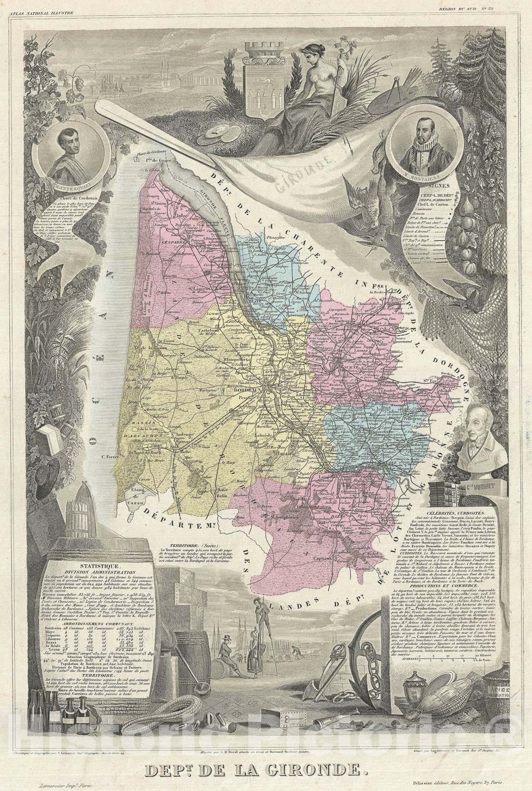 Historic Map : The Department de la Gironde "Bordeaux Wine Region", Levasseur, 1861, Vintage Wall Art