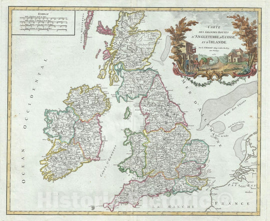 Historic Map : The British Isles "England, Scotland, Ireland" showing Roads, Vaugondy, 1757, Vintage Wall Art