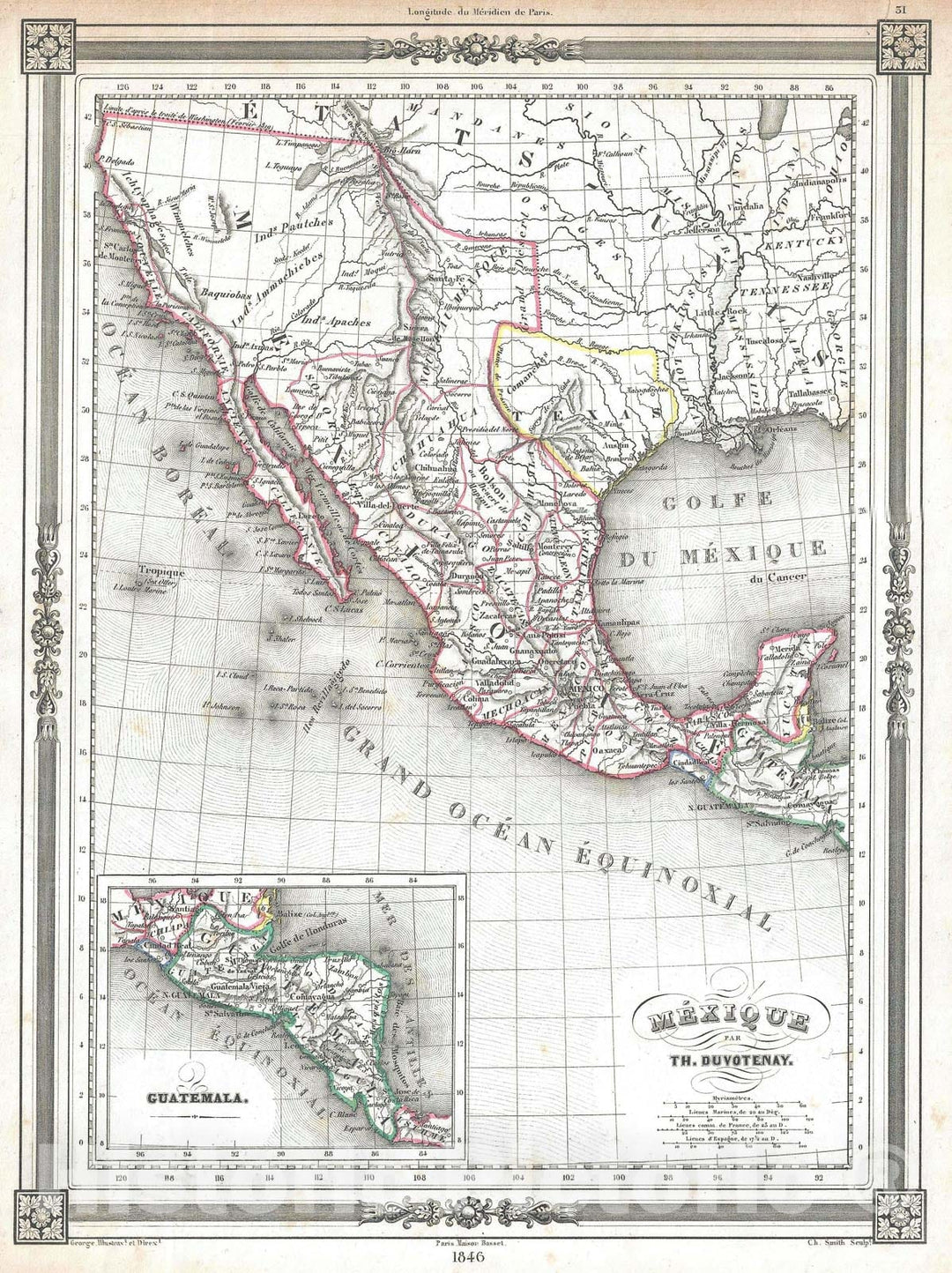 Historic Map : Mexico "w/ Republic of Texas", Duvotenay, 1846, Vintage Wall Art