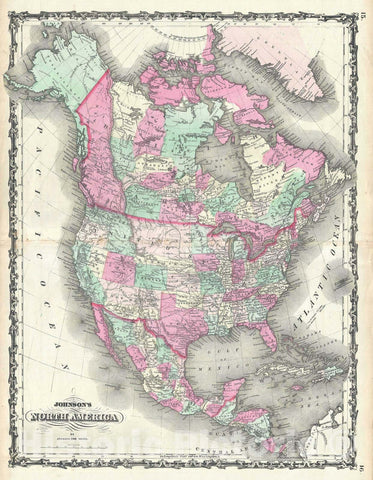 Historic Map : North America "Canada, United States, Mexico", Johnson, 1863, Vintage Wall Art