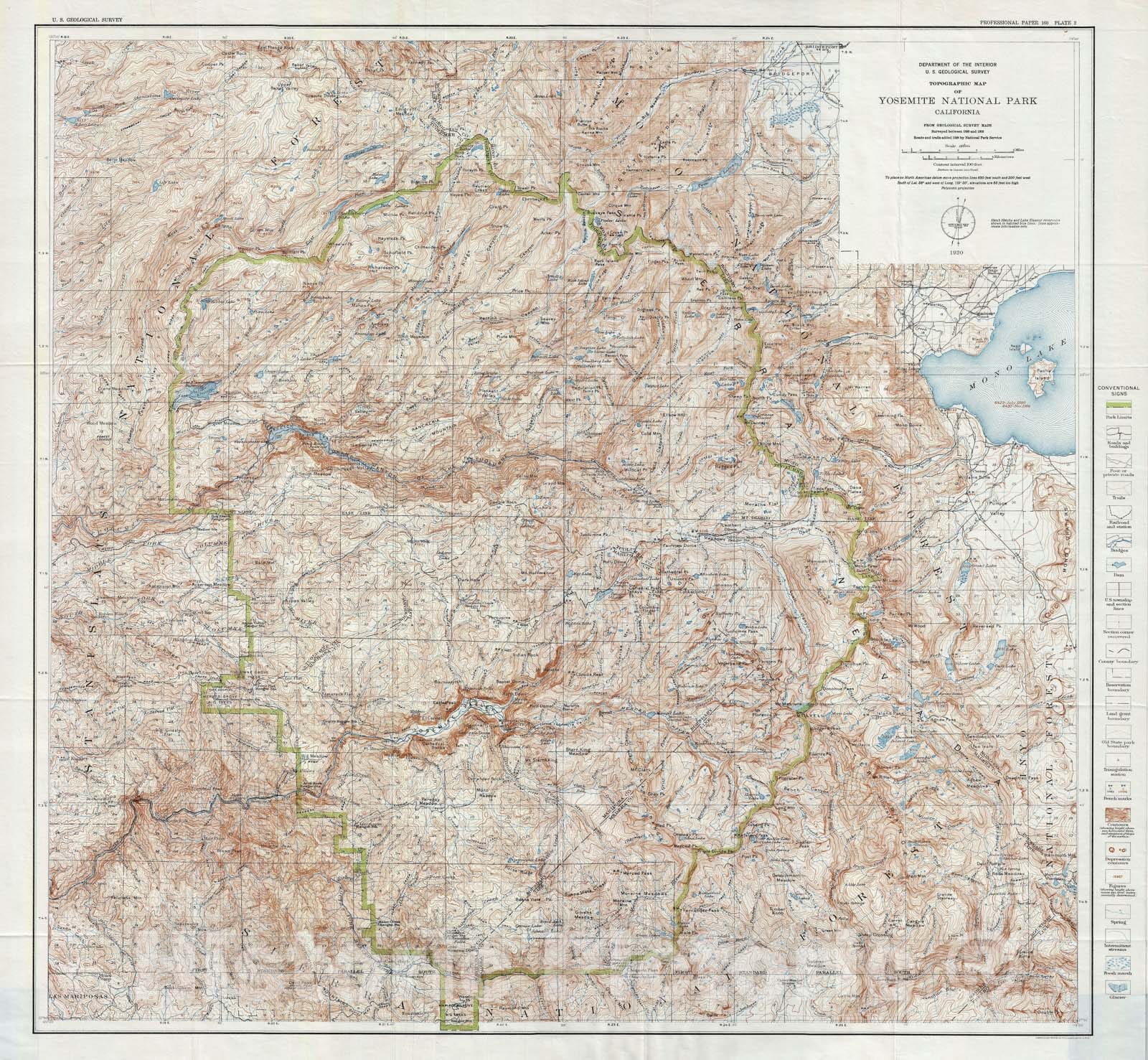 Historic Map : Yosemite National Park, California, U.S.G.S. Topographic, 1930, Vintage Wall Art