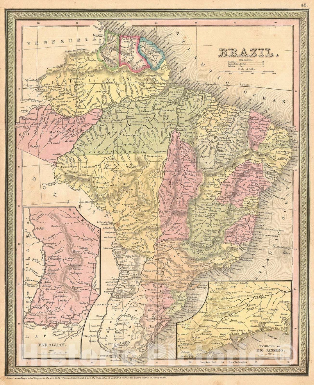 Historic Map : Brazil w/ inset of Rio de Janeiro, Mitchell, 1850, Vintage Wall Art