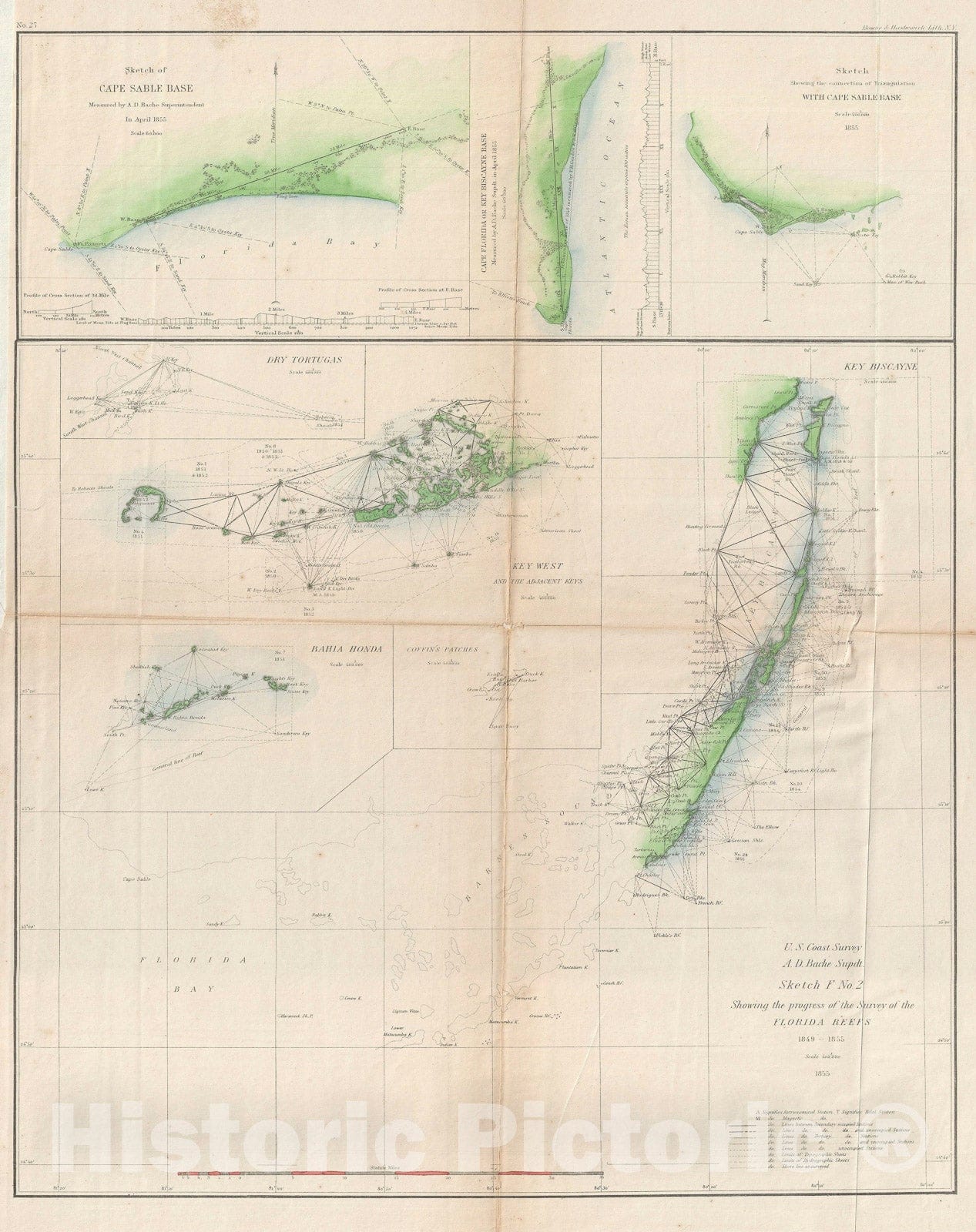 Historic Map : Miami, Key Biscayne, and Key West, Florida, U.S. Coast Survey, 1855, Vintage Wall Art