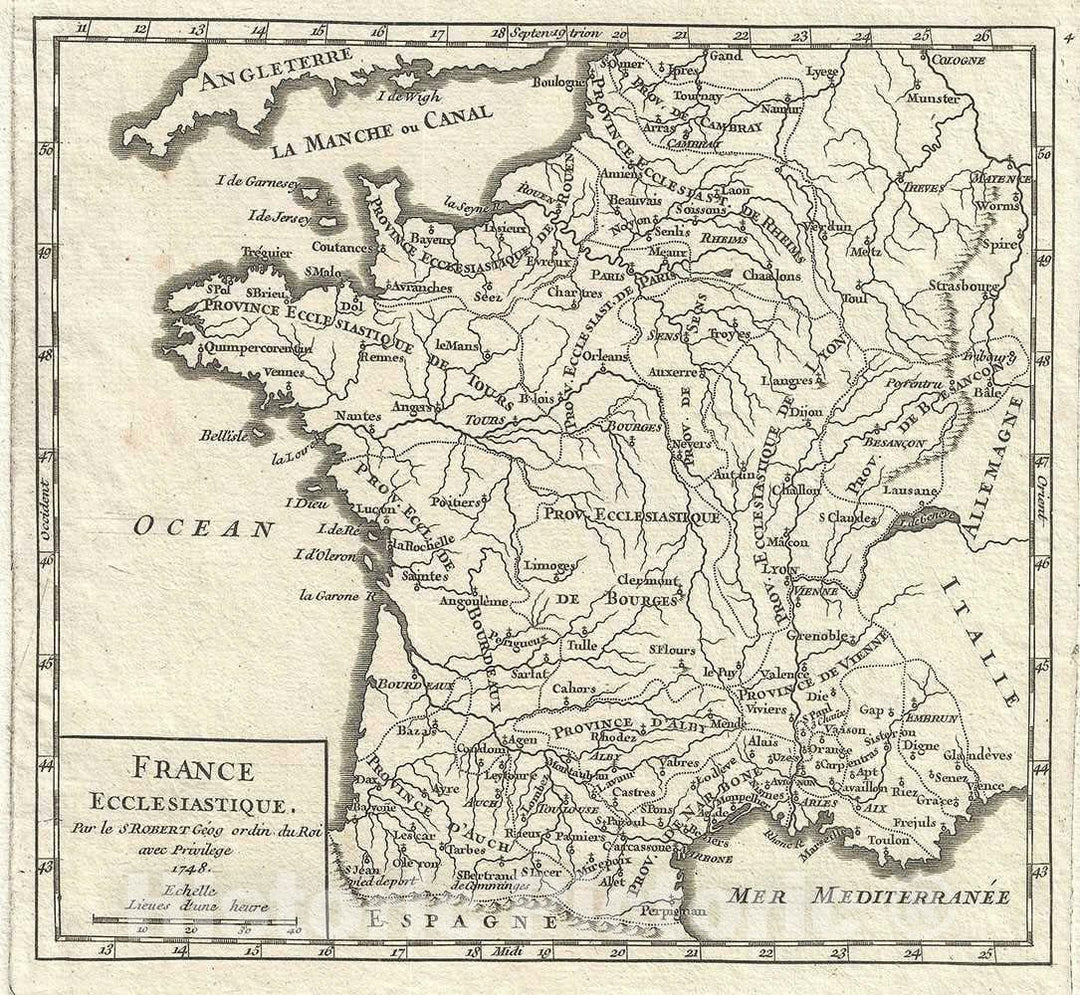 Historic Map : France, Vaugondy, 1748, Vintage Wall Art