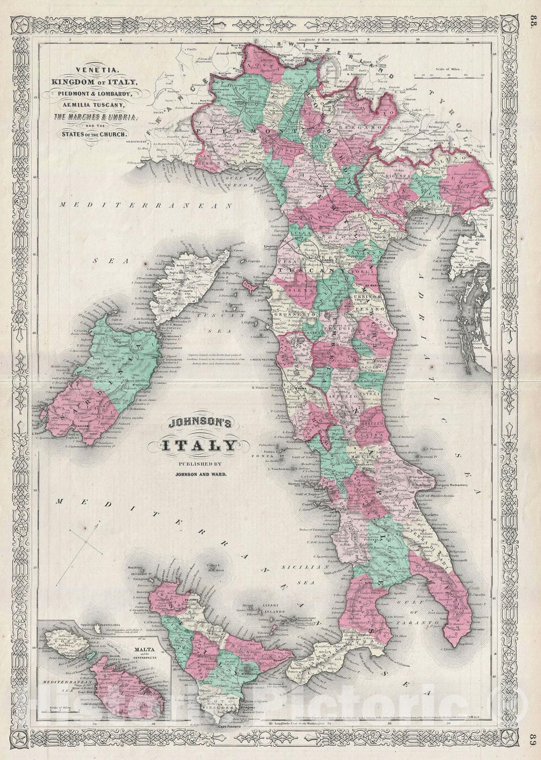 Historic Map : Italy, Johnson, 1866, Vintage Wall Art