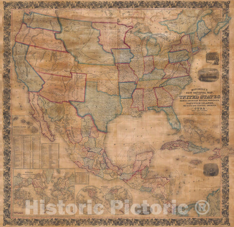Historic Map : The United States and North America, Mitchell, 1856, Vintage Wall Art