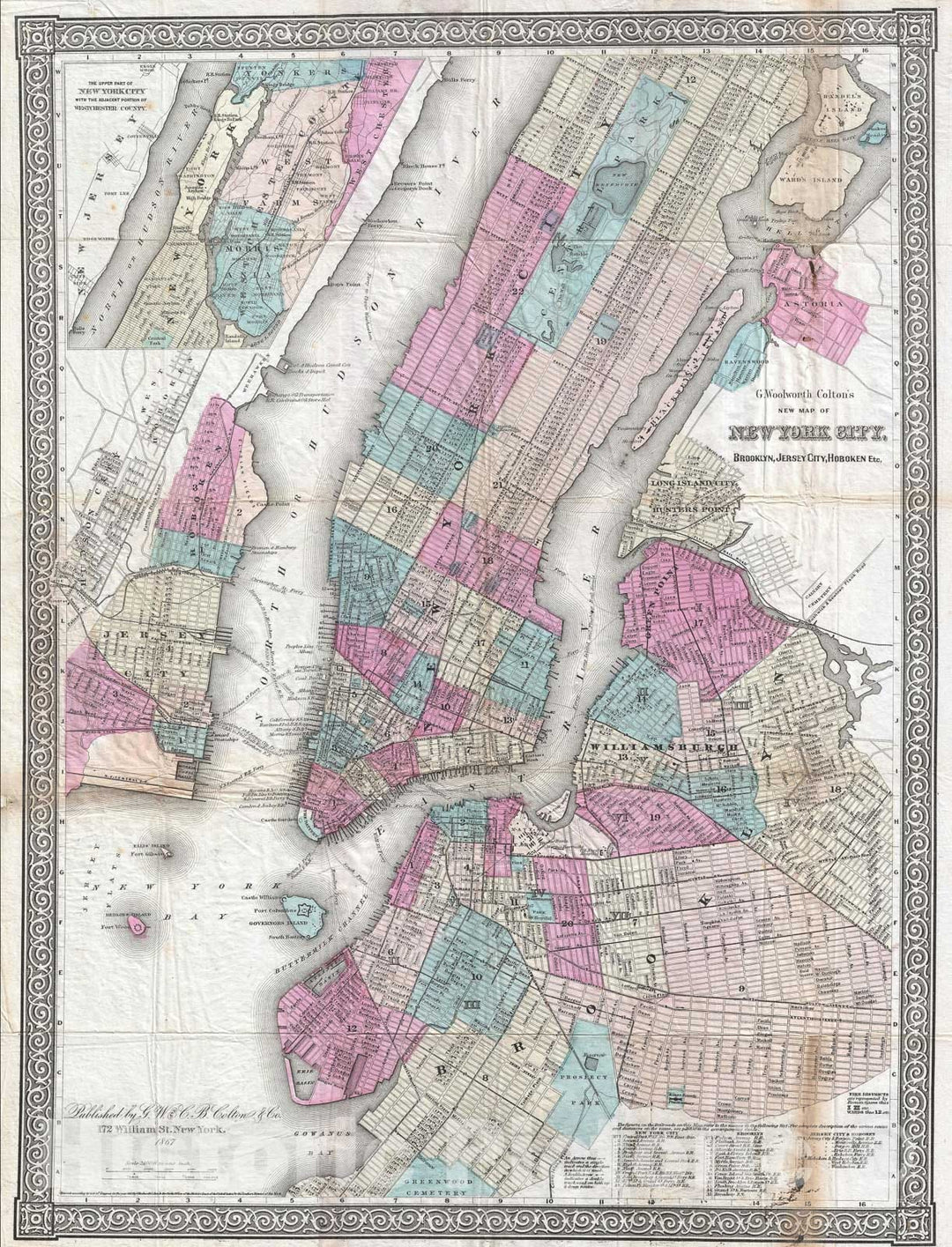 Historic Map : New York City and Brooklyn, Colton, 1867 v2, Vintage Wall Art