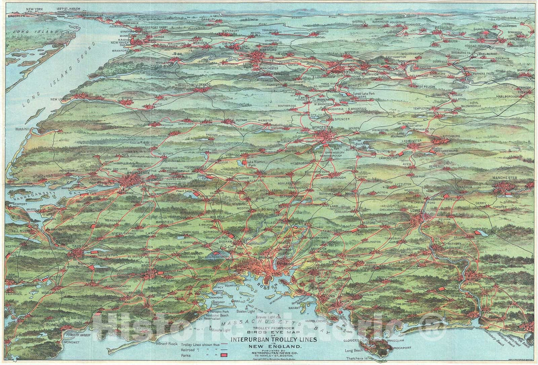 Historic Map : Walker Trolley Map and View of New England Centered on Boston, 1905, Vintage Wall Art