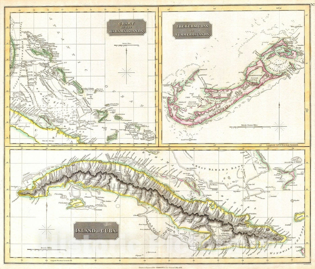 Historic Map : Cuba. Bermuda &amp; The Bahamas, Thomson, 1815, Vintage Wall Art