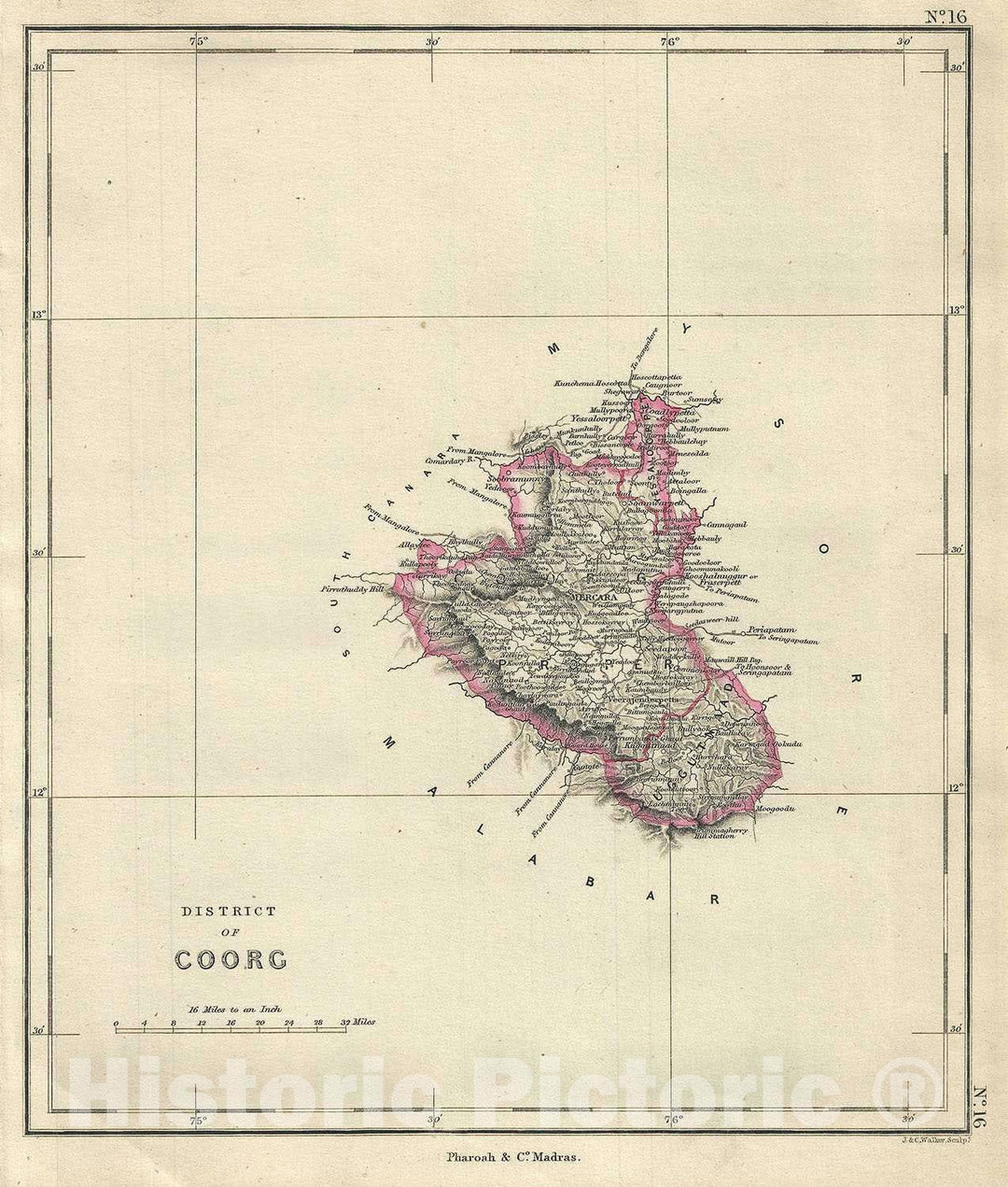 Historic Map : The Coorg "Kodagu" District, Karnataka, India, Pharoah, 1854, Vintage Wall Art