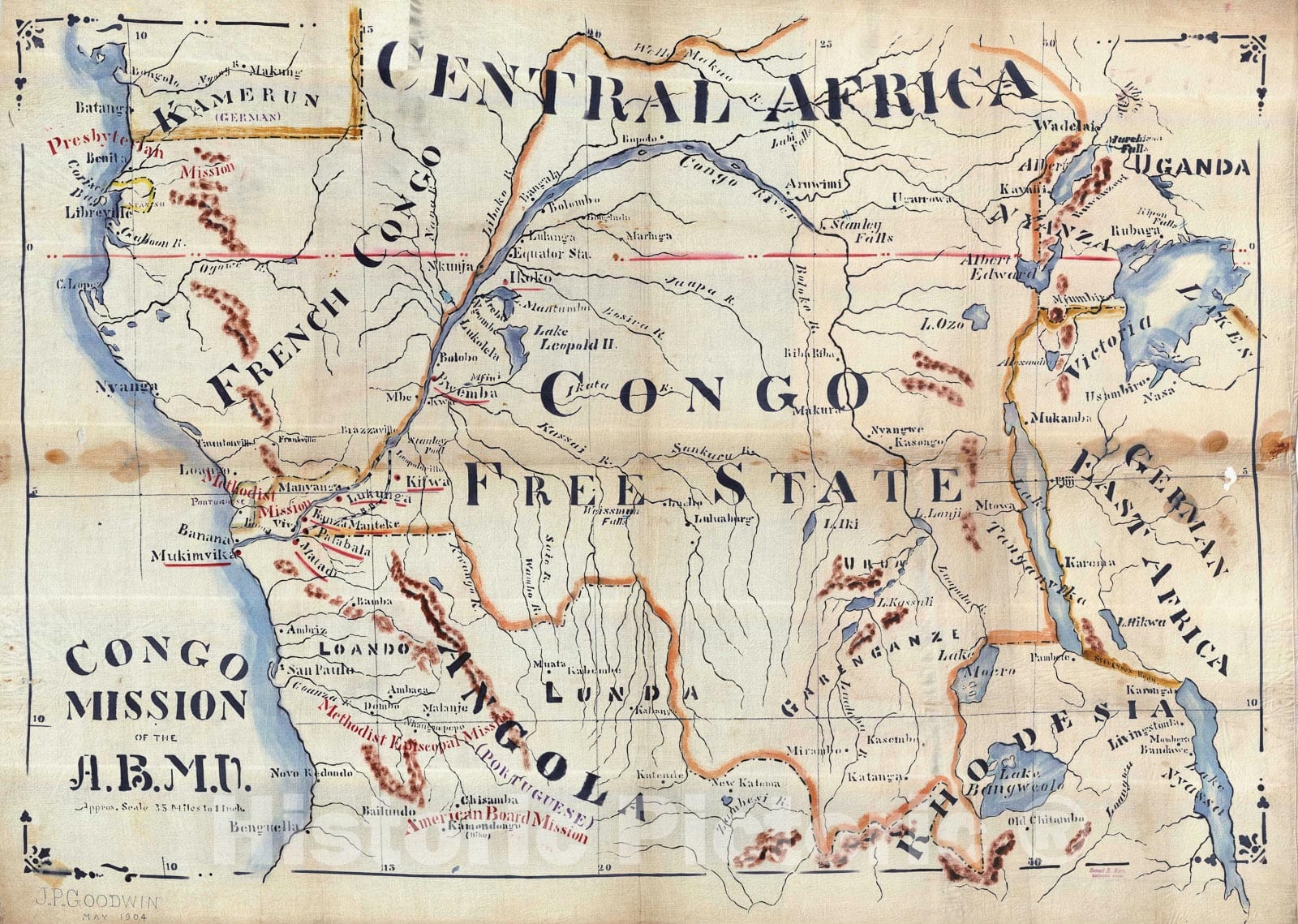 Historic Map : Samuel Mann Manuscript Missionary Map of The Congo, on cotton cloth, 1904, Vintage Wall Art