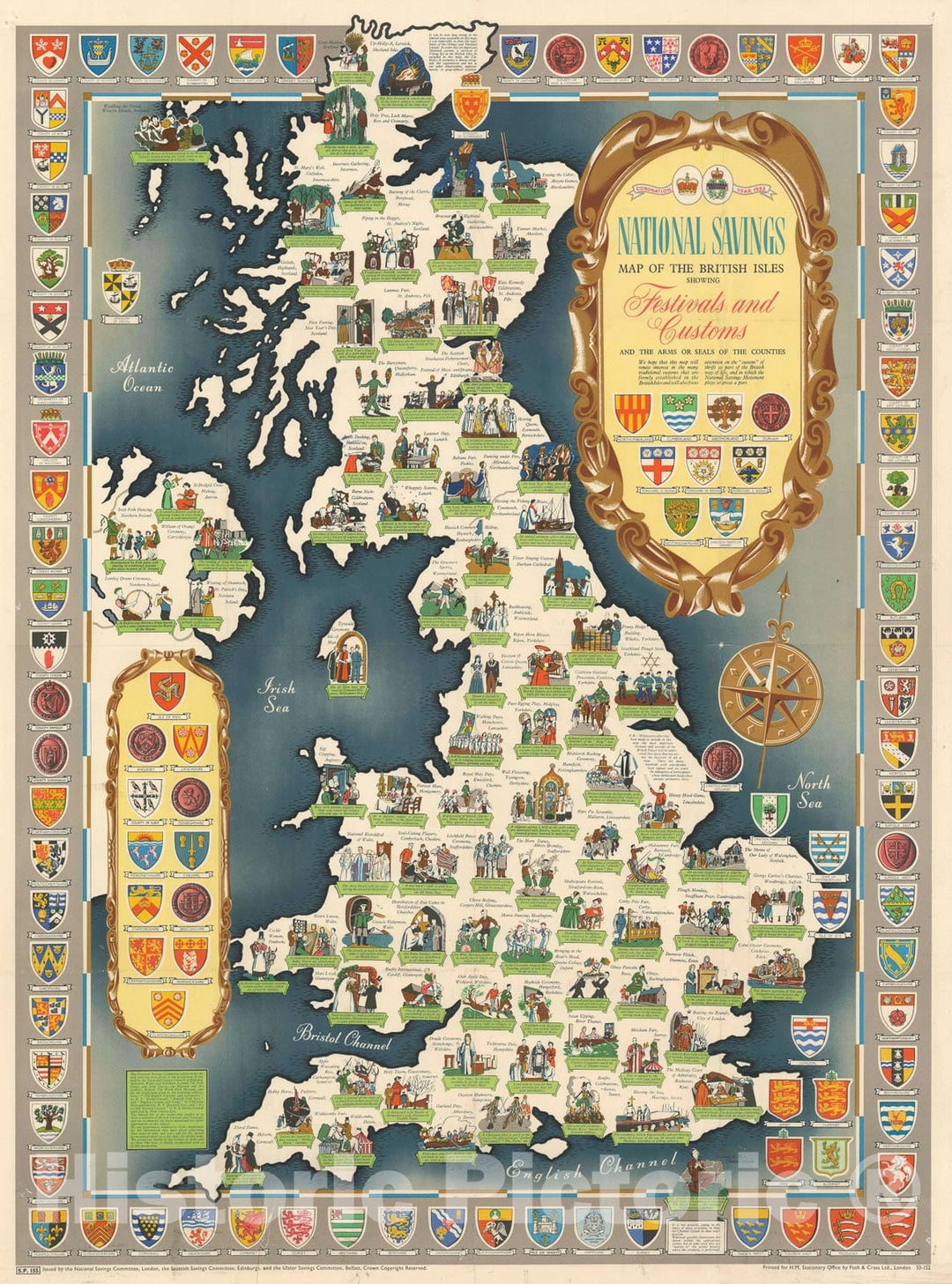 Historic Map : Pictorial Map of The British Isles Festivals and Customs, National Savings, 1953, Vintage Wall Art