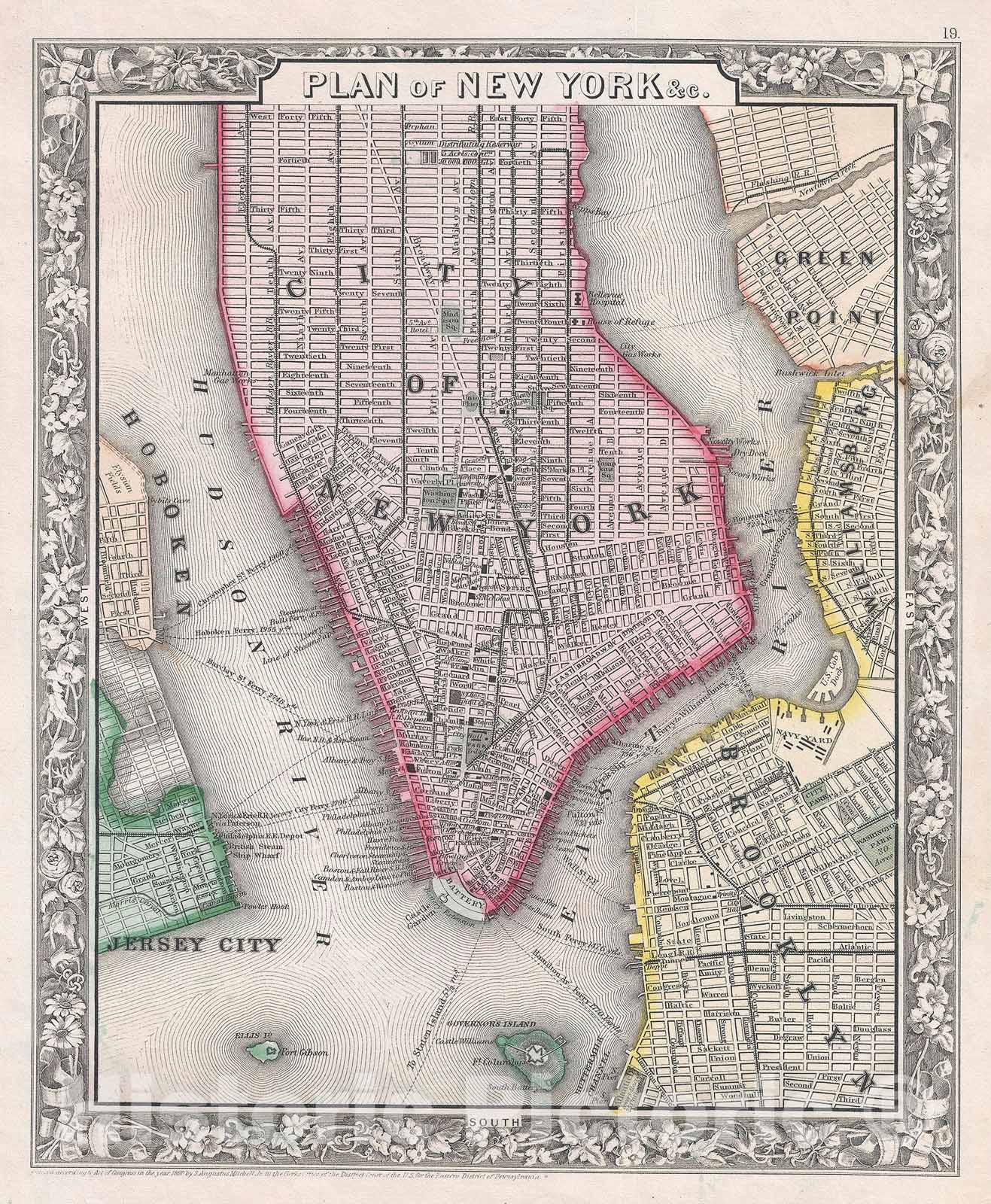 Historic Map : New York City, New York, Mitchell, 1866, Vintage Wall Art