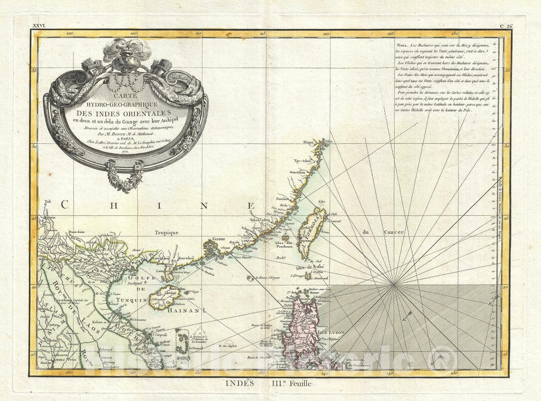 Historic Map : Tonkin "Vietnam" China, Formosa "Taiwan" and Luzon "Philippin, Bonne, 1771, Vintage Wall Art