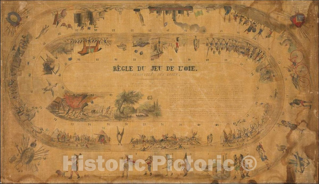 Historic Map : (Manuscript Game Board) Regle Du Jeu De L'Oie. Renouvele Des Grecs., c1865, Anonymous, Vintage Wall Art