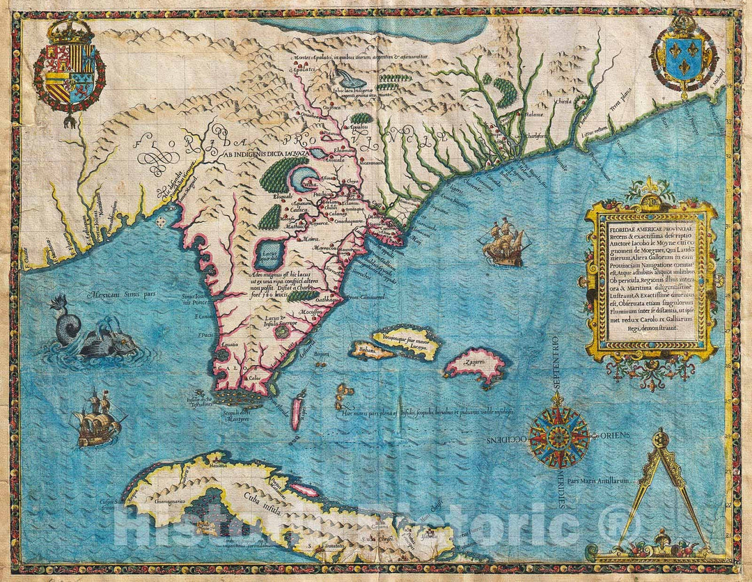 Historic Map : De Bry and Le Moyne Map of Florida and Cuba, 1591, Vintage Wall Art