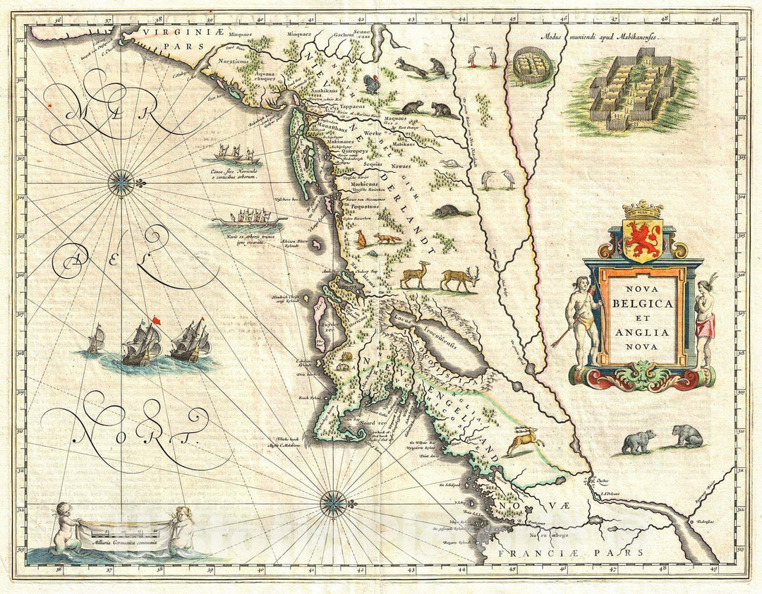 Historic Map : Blaeu Map of New England and New York (1st Depiction of Manhattan as an Island), 1635, Vintage Wall Art