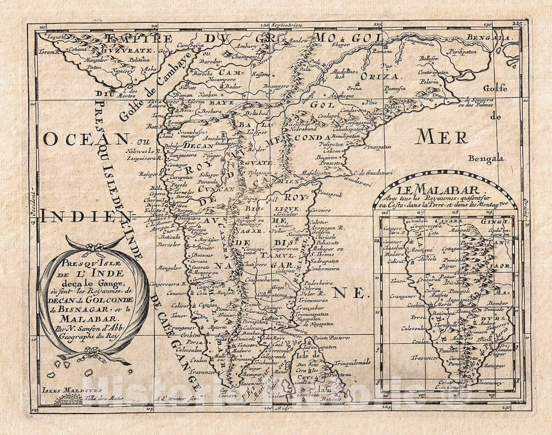 Historic Map : Sanson Map of India, 1652, Vintage Wall Art