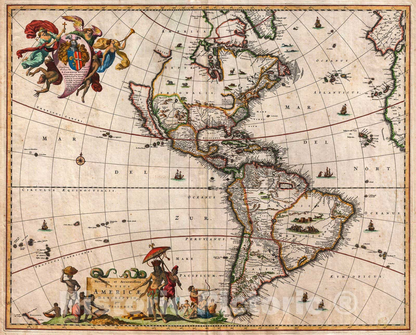 Historic Map : Visscher Map of North America and South America , 1658, Vintage Wall Art